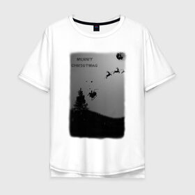 Мужская футболка хлопок Oversize с принтом Merry Christmas в городе Новоалтайск, 100% хлопок | свободный крой, круглый ворот, “спинка” длиннее передней части | белый | ёлка | луна | новый год | черный