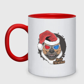 Кружка двухцветная с принтом Christmas Dog в городе Новоалтайск, керамика | объем — 330 мл, диаметр — 80 мм. Цветная ручка и кайма сверху, в некоторых цветах — вся внутренняя часть | Тематика изображения на принте: art | christmas | dog | new year | santa hat | арт | новый год | очки | пес | рождество | собака | шапка санты