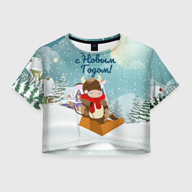 Женская футболка Crop-top 3D с принтом с Новым Годом 2020 в городе Новоалтайск, 100% полиэстер | круглая горловина, длина футболки до линии талии, рукава с отворотами | 2021 | 7 января | bull | newyear | santa | бык | быки | бычок | год быка | дед мороз | корова | новогодние каникулы | новогодние праздники | новый 2021 | новый год | новый год 2021 | рождество | сани | санта | санта клаус