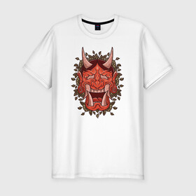 Мужская футболка хлопок Slim с принтом Oni demon samurai mask в городе Новоалтайск, 92% хлопок, 8% лайкра | приталенный силуэт, круглый вырез ворота, длина до линии бедра, короткий рукав | art | cyberpunk samurai | ninja | oni | ronin | samurai | shogun | yakuza | арт | воин | воитель | демон | киберпанк самурай | мерч | мужик | мужчина | они | путь воина | путь война | ронин | сёгун | сепукку | токио | черный самурай