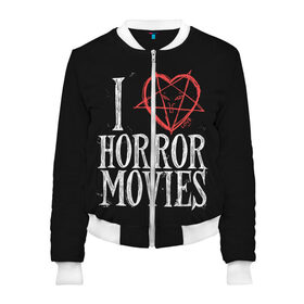 Женский бомбер 3D с принтом I Love Horror Movies в городе Новоалтайск, 100% полиэстер | застегивается на молнию, по бокам два кармана без застежек, мягкие манжеты, по низу бомбера и на воротнике — эластичная резинка | 666 | blood | dracula | horror | i | inside | love | movies | pentagram | scream | vampire | вампир | внутри | дракула | древний | крик | кровь | люблю | пентаграмма | ужасы | фильмы | хоррор | я