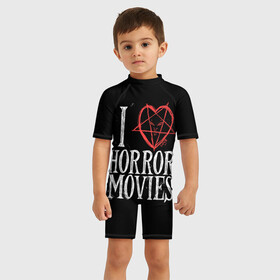 Детский купальный костюм 3D с принтом I Love Horror Movies в городе Новоалтайск, Полиэстер 85%, Спандекс 15% | застежка на молнии на спине | 666 | blood | dracula | horror | i | inside | love | movies | pentagram | scream | vampire | вампир | внутри | дракула | древний | крик | кровь | люблю | пентаграмма | ужасы | фильмы | хоррор | я