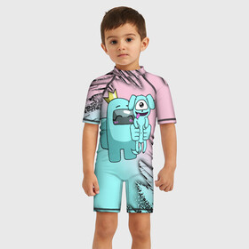 Детский купальный костюм 3D с принтом AMONG US в городе Новоалтайск, Полиэстер 85%, Спандекс 15% | застежка на молнии на спине | among us | impostor | амонг ас | игра | космический | космический корабль | космонавт | космос | мем | предатель | среди нас | экшен