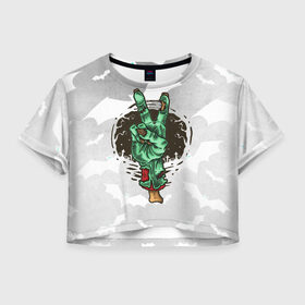 Женская футболка Crop-top 3D с принтом Zombie peace hand в городе Новоалтайск, 100% полиэстер | круглая горловина, длина футболки до линии талии, рукава с отворотами | creepy | dead | evil | halloween | hand | zombie | зомби | кости | мертвец | рука | скелет | ужас | ужасы | хоррор | хоррор мерч | хэллоуин