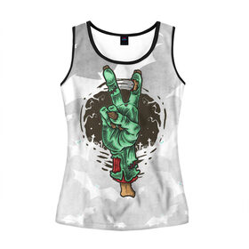 Женская майка 3D с принтом Zombie peace hand в городе Новоалтайск, 100% полиэстер | круглая горловина, прямой силуэт, длина до линии бедра | creepy | dead | evil | halloween | hand | zombie | зомби | кости | мертвец | рука | скелет | ужас | ужасы | хоррор | хоррор мерч | хэллоуин