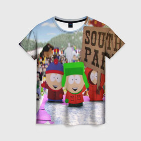 Женская футболка 3D с принтом Южный Парк / South Park . в городе Новоалтайск, 100% полиэфир ( синтетическое хлопкоподобное полотно) | прямой крой, круглый вырез горловины, длина до линии бедер | south park | ubisoft | woodland critter christmas | кенни | мультсериал | стэн | южный парк