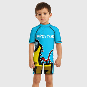 Детский купальный костюм 3D с принтом IMPOSTOR в городе Новоалтайск, Полиэстер 85%, Спандекс 15% | застежка на молнии на спине | impostor | амонг ас | амунг ас | игра | импостер | клыки | космонавт | монстр | пасть | персонаж | самозванец | чудовище