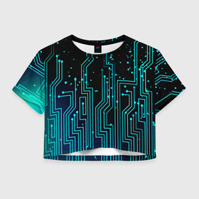 Женская футболка Crop-top 3D с принтом Цифровая Схема в городе Новоалтайск, 100% полиэстер | круглая горловина, длина футболки до линии талии, рукава с отворотами | neon | геометрия | маска | неон | полосы | свет | текстура | узор | черный | шары