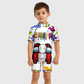 Детский купальный костюм 3D с принтом AMONG US в городе Новоалтайск, Полиэстер 85%, Спандекс 15% | застежка на молнии на спине | among us игра | among us на пк | there is 1 impostor | there is impostor among us | предатель среди нас | разноцветные космонавты.