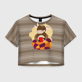 Женская футболка Crop-top 3D с принтом Бык с кофе в городе Новоалтайск, 100% полиэстер | круглая горловина, длина футболки до линии талии, рукава с отворотами | 2021 | 7 января | bull | newyear | santa | бык | быки | бычок | год быка | дед мороз | корова | новогодние каникулы | новогодние праздники | новый 2021 | новый год | новый год 2021 | рождество | сани | санта | санта клаус