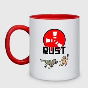 Кружка двухцветная с принтом RUST в городе Новоалтайск, керамика | объем — 330 мл, диаметр — 80 мм. Цветная ручка и кайма сверху, в некоторых цветах — вся внутренняя часть | action | game | rust | zombie | апокалипсис. | выживание | зомби | игра | лес | радиация | раст