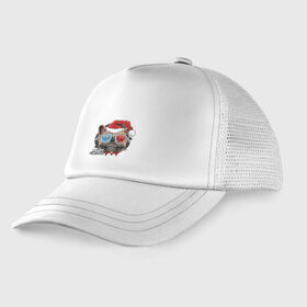 Детская кепка тракер с принтом Новогодний пес в городе Новоалтайск, Козырек - 100% хлопок. Кепка - 100% полиэстер, Задняя часть - сетка | универсальный размер, пластиковая застёжка | 