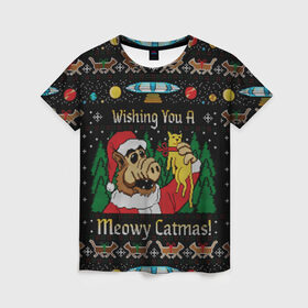 Женская футболка 3D с принтом Wishing you a meowy catmas в городе Новоалтайск, 100% полиэфир ( синтетическое хлопкоподобное полотно) | прямой крой, круглый вырез горловины, длина до линии бедер | 2020 | 2021 | christmas | happy | merry | new year | santa | sweater | ugly christmas | альф | зима | котик | новогодний | новогодняя | новый год | рождественский | рождественский свитер | рождество | санта | свитер | снег
