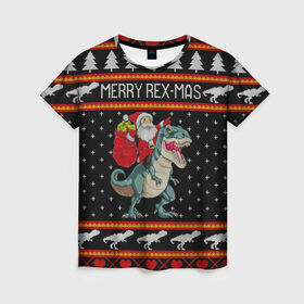 Женская футболка 3D с принтом Merry Rex-mas в городе Новоалтайск, 100% полиэфир ( синтетическое хлопкоподобное полотно) | прямой крой, круглый вырез горловины, длина до линии бедер | 2020 | 2021 | christmas | dino | happy | merry | new year | rex | santa | sweater | t rex | ugly christmas | динозавр | зима | новогодний | новогодняя | новый год | рождественский | рождественский свитер | рождество | санта | свитер | снег