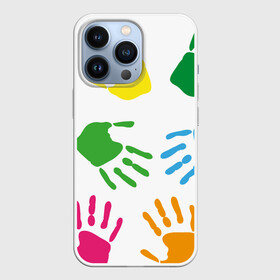 Чехол для iPhone 13 Pro с принтом Цветные ладошки   Детский узор в городе Новоалтайск,  |  | дети | детский | краска | ладошки | пальцы | радуга | ребенок | руки | след | узор