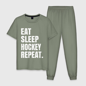 Мужская пижама хлопок с принтом EAT SLEEP HOCKEY REPEAT в городе Новоалтайск, 100% хлопок | брюки и футболка прямого кроя, без карманов, на брюках мягкая резинка на поясе и по низу штанин
 | Тематика изображения на принте: boston | bruins | capitals | detroit | eat | eat sleep hockey repeat | hockey | nhl | penguins | pittsburgh | red wings | repeat | sleep | washington | вашингтон кэпиталз | нхл | питтсбург пингвинз | хокей | хоккей