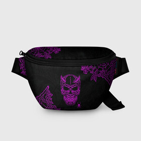 Поясная сумка 3D с принтом Demonic skull в городе Новоалтайск, 100% полиэстер | плотная ткань, ремень с регулируемой длиной, внутри несколько карманов для мелочей, основное отделение и карман с обратной стороны сумки застегиваются на молнию | demon | evil | skull | готический | демон | дьявол | зло | монстр | паук | паутина | рога | скелет | цветы | череп