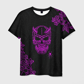 Мужская футболка 3D с принтом Demonic skull в городе Новоалтайск, 100% полиэфир | прямой крой, круглый вырез горловины, длина до линии бедер | demon | evil | skull | готический | демон | дьявол | зло | монстр | паук | паутина | рога | скелет | цветы | череп