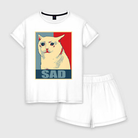 Женская пижама с шортиками хлопок с принтом Sad Cat в городе Новоалтайск, 100% хлопок | футболка прямого кроя, шорты свободные с широкой мягкой резинкой | cat | chad | fresco | i know | irony | jacques | laugh | post | sad | stonks | thundercock | бумер | грустный | да | девушка | думер | жак | зумер | ирония | кот | мем | мемы | парень | пост | постирония | смеющийся | стонкс | тандеркок 