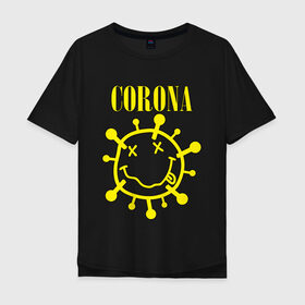 Мужская футболка хлопок Oversize с принтом CORONA SMILE в городе Новоалтайск, 100% хлопок | свободный крой, круглый ворот, “спинка” длиннее передней части | 2020 | china | corona | kobain | music | nirvana | smile | virus | болезнь | карантин | кобэйн | коронавирус | музыка | нирвана | пандемия | смайлик | удаленка | эпидемия