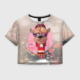 Женская футболка Crop-top 3D с принтом I love you winter в городе Новоалтайск, 100% полиэстер | круглая горловина, длина футболки до линии талии, рукава с отворотами | new year | арт | графика | дед мороз | зима | лама | новый год | рождество | санта