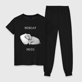 Женская пижама хлопок с принтом Monday Mood в городе Новоалтайск, 100% хлопок | брюки и футболка прямого кроя, без карманов, на брюках мягкая резинка на поясе и по низу штанин | dream | monday | mood | rabbit | sleep | заяц | кролик | понедельник | работа | сон | спать