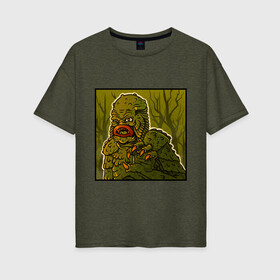 Женская футболка хлопок Oversize с принтом Swamp monster в городе Новоалтайск, 100% хлопок | свободный крой, круглый ворот, спущенный рукав, длина до линии бедер
 | art | monster | monstr | pop art | арт | болотное чудовище | болото | монстр | поп арт | чудище | чудовище | шрек