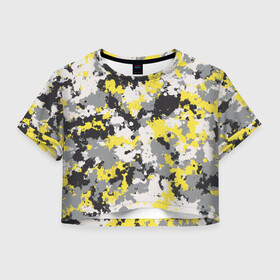 Женская футболка Crop-top 3D с принтом Желто-серый камуфляж в городе Новоалтайск, 100% полиэстер | круглая горловина, длина футболки до линии талии, рукава с отворотами | illuminating | pantone | ultimate grey | безупречный | кляксы | краска | милитари | освещающий
