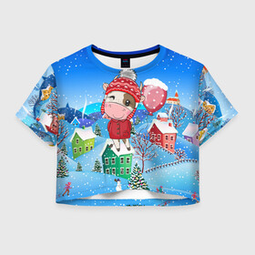 Женская футболка Crop-top 3D с принтом Милый бык с шариком в городе Новоалтайск, 100% полиэстер | круглая горловина, длина футболки до линии талии, рукава с отворотами | 2021 | 7 января | bull | newyear | santa | бык | быки | бычок | год быка | дед мороз | корова | новогодние каникулы | новогодние праздники | новый 2021 | новый год | новый год 2021 | рождество | сани | санта | санта клаус