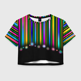 Женская футболка Crop-top 3D с принтом Градиентный звездопад в городе Новоалтайск, 100% полиэстер | круглая горловина, длина футболки до линии талии, рукава с отворотами | градиент | звезда | ленты | полоски | праздник | радость | салют | фейерверк