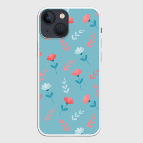 Чехол для iPhone 13 mini с принтом Цветочки и листики на голубом в городе Новоалтайск,  |  | 8 марта | весна | день рождения | коралловый | лето | листики | паттерн | праздник | узор | цветочки