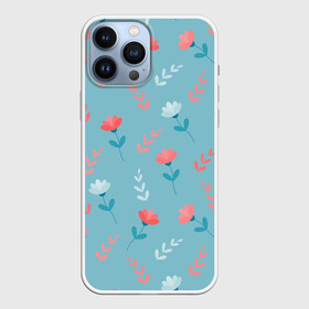 Чехол для iPhone 13 Pro Max с принтом Цветочки и листики на голубом в городе Новоалтайск,  |  | 8 марта | весна | день рождения | коралловый | лето | листики | паттерн | праздник | узор | цветочки