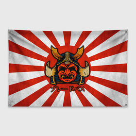Флаг-баннер с принтом Sun samurai в городе Новоалтайск, 100% полиэстер | размер 67 х 109 см, плотность ткани — 95 г/м2; по краям флага есть четыре люверса для крепления | Тематика изображения на принте: demon | japan | mask | samurai | sun | демон | иероглиф | маска | ниндзя | самурай | солнце | япония | японское солнце