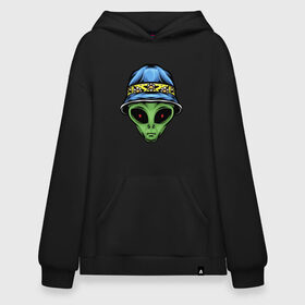 Худи SuperOversize хлопок с принтом Alien in panama в городе Новоалтайск, 70% хлопок, 30% полиэстер, мягкий начес внутри | карман-кенгуру, эластичная резинка на манжетах и по нижней кромке, двухслойный капюшон
 | alien | инопланетянин | кепка | нло | пришелец | хипстер | шляпа