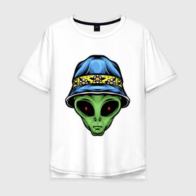 Мужская футболка хлопок Oversize с принтом Alien in panama в городе Новоалтайск, 100% хлопок | свободный крой, круглый ворот, “спинка” длиннее передней части | alien | инопланетянин | кепка | нло | пришелец | хипстер | шляпа