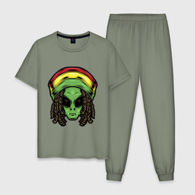Мужская пижама хлопок с принтом Reggae alien в городе Новоалтайск, 100% хлопок | брюки и футболка прямого кроя, без карманов, на брюках мягкая резинка на поясе и по низу штанин
 | alien | волосы | инопланетянин | кепка | нло | пришелец | растаман | регги | хипстер | шляпа