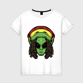 Женская футболка хлопок с принтом Reggae alien в городе Новоалтайск, 100% хлопок | прямой крой, круглый вырез горловины, длина до линии бедер, слегка спущенное плечо | alien | волосы | инопланетянин | кепка | нло | пришелец | растаман | регги | хипстер | шляпа