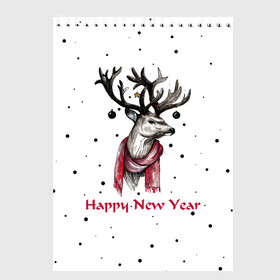 Скетчбук с принтом Happy New Year в городе Новоалтайск, 100% бумага
 | 48 листов, плотность листов — 100 г/м2, плотность картонной обложки — 250 г/м2. Листы скреплены сверху удобной пружинной спиралью | Тематика изображения на принте: christmas toys | deer | deer print | happy new year | new year | snow | snowflakes | tree | новогодний принт | новогодний свитер | новогодняя футболка | новый год | олени | принт оленя | с новым годом | с оленями | снег