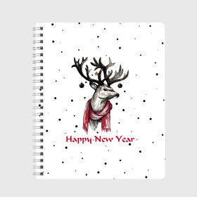 Тетрадь с принтом Happy New Year в городе Новоалтайск, 100% бумага | 48 листов, плотность листов — 60 г/м2, плотность картонной обложки — 250 г/м2. Листы скреплены сбоку удобной пружинной спиралью. Уголки страниц и обложки скругленные. Цвет линий — светло-серый
 | Тематика изображения на принте: christmas toys | deer | deer print | happy new year | new year | snow | snowflakes | tree | новогодний принт | новогодний свитер | новогодняя футболка | новый год | олени | принт оленя | с новым годом | с оленями | снег