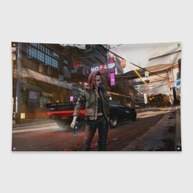 Флаг-баннер с принтом Cyberpunk 2077 в городе Новоалтайск, 100% полиэстер | размер 67 х 109 см, плотность ткани — 95 г/м2; по краям флага есть четыре люверса для крепления | 2077 | action | cyberpunk | cyberpunk 2077 | rpg | игра | киберпанк | найт сити | рпг