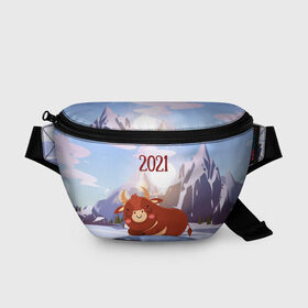Поясная сумка 3D с принтом Спящий бык 2021 в городе Новоалтайск, 100% полиэстер | плотная ткань, ремень с регулируемой длиной, внутри несколько карманов для мелочей, основное отделение и карман с обратной стороны сумки застегиваются на молнию | 2021 | 7 января | bull | newyear | santa | бык | быки | бычок | год быка | дед мороз | корова | новогодние каникулы | новогодние праздники | новый 2021 | новый год | новый год 2021 | рождество | сани | санта | санта клаус