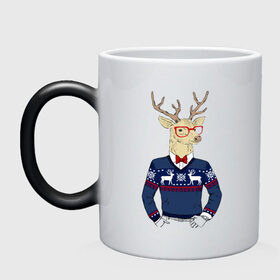 Кружка хамелеон с принтом Hipster Deer в городе Новоалтайск, керамика | меняет цвет при нагревании, емкость 330 мл | 2021 | happy | new year | дед мороз | елка | клаус | нг | новый год | носок | олени | очки | подарок | полосы | рождество | с | санта | свитер | снег | снеговик | снежинка | узор | хипстер
