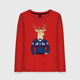 Женский лонгслив хлопок с принтом Hipster Deer в городе Новоалтайск, 100% хлопок |  | 2021 | happy | new year | дед мороз | елка | клаус | нг | новый год | носок | олени | очки | подарок | полосы | рождество | с | санта | свитер | снег | снеговик | снежинка | узор | хипстер