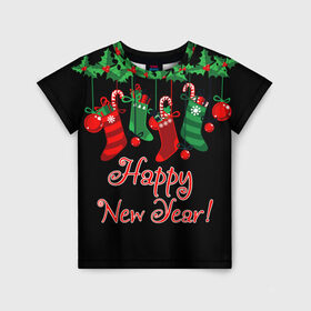 Детская футболка 3D с принтом Happy New Year! в городе Новоалтайск, 100% гипоаллергенный полиэфир | прямой крой, круглый вырез горловины, длина до линии бедер, чуть спущенное плечо, ткань немного тянется | 2020 | 2021 | happy | new year | быка | гирлянда | дед мороз | елка | зеленый | игрушка | клаус | конфеты | нг | новый год | носок | перчатка | печенье | подарок | полосы | пряник | рождество | с | санта | сладости | снег