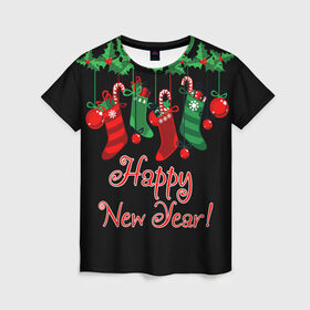 Женская футболка 3D с принтом Happy New Year! в городе Новоалтайск, 100% полиэфир ( синтетическое хлопкоподобное полотно) | прямой крой, круглый вырез горловины, длина до линии бедер | 2020 | 2021 | happy | new year | быка | гирлянда | дед мороз | елка | зеленый | игрушка | клаус | конфеты | нг | новый год | носок | перчатка | печенье | подарок | полосы | пряник | рождество | с | санта | сладости | снег