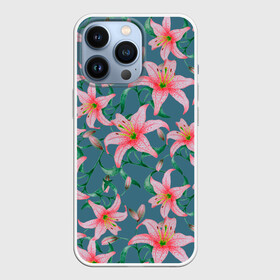 Чехол для iPhone 13 Pro с принтом Лилии на сером фоне в городе Новоалтайск,  |  | Тематика изображения на принте: 8 марта | весна | зеленый | лилии | праздник | природа | растения | розовый | серый | цветы