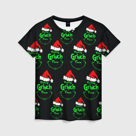 Женская футболка 3D с принтом Grinch Face в городе Новоалтайск, 100% полиэфир ( синтетическое хлопкоподобное полотно) | прямой крой, круглый вырез горловины, длина до линии бедер | 2020 | 2021 | grinch | белая | год | гринч | елка | женская | зеленый | красная | мужская | мультфильм | надпись | нг | новый | подарок | полосы | праздник | рождества | свитер | сердце | смайл | фильм | шапка