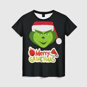 Женская футболка 3D с принтом Merry Grinchmas в городе Новоалтайск, 100% полиэфир ( синтетическое хлопкоподобное полотно) | прямой крой, круглый вырез горловины, длина до линии бедер | 2020 | 2021 | grinch | белая | год | гринч | елка | женская | зеленый | красная | мужская | мультфильм | надпись | нг | новый | подарок | полосы | праздник | рождества | свитер | сердце | смайл | фильм | шапка
