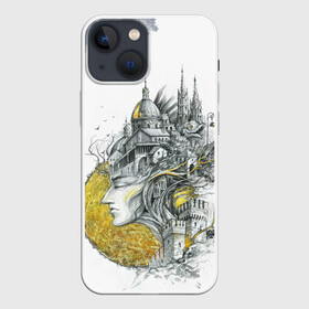 Чехол для iPhone 13 mini с принтом город  в голове в городе Новоалтайск,  |  | архитектура | голова | город | графика | графит и золото | девушка | дух | европа | золото | италия | красота | мечты | мысли | от руки | портрет | сказка | скетч | тушь | фантастика | фентази