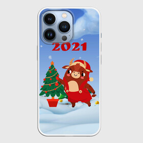 Чехол для iPhone 13 Pro с принтом Бык наряжает елочку в городе Новоалтайск,  |  | Тематика изображения на принте: 2021 | 7 января | bull | newyear | santa | бык | бычок | год быка | дед мороз | корова | новогодние каникулы | новогодние праздники | новый 2021 | новый год | новый год 2021 | рождество | сани | санта | санта клаус